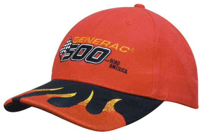 A red cap featuring a flame design on the peak and a logo on the front.