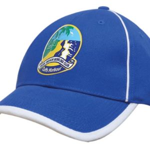A blue cap with white peak trim and piping, featuring a logo on the front.
