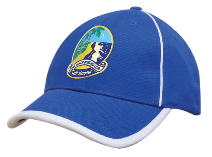 A blue cap with white peak trim and piping, featuring a logo on the front.