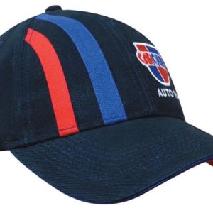 A navy blue cap featuring red and blue stripes and a logo on the front.