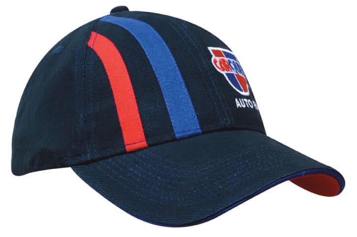 A navy blue cap featuring red and blue stripes and a logo on the front.