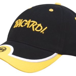 A black and yellow cap featuring an embroidered logo and a peak trimmed insert.