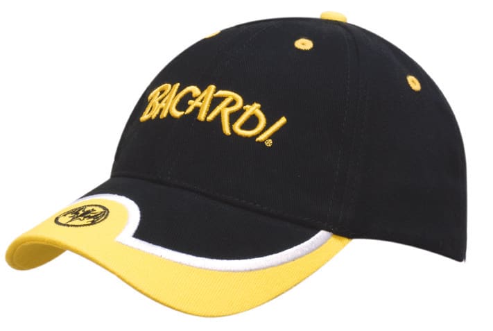 A black and yellow cap featuring an embroidered logo and a peak trimmed insert.