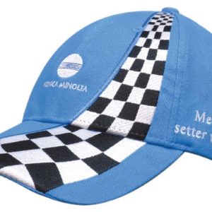 A blue cap with inserted checkered black and white panels, featuring a logo on the front.