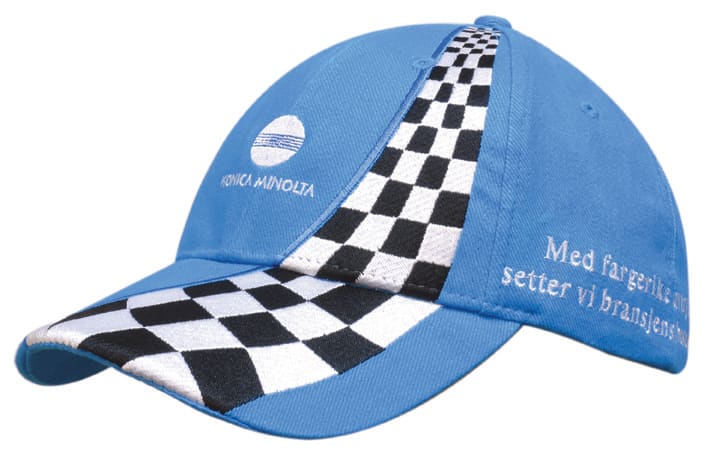 A blue cap with inserted checkered black and white panels, featuring a logo on the front.