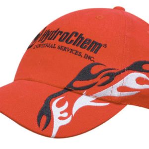 A red cap with flame embroidery on the peak and crown, featuring a logo.