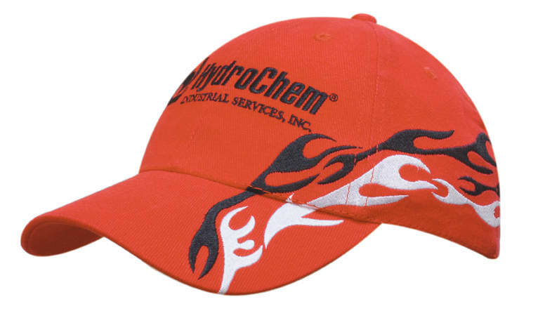 A red cap with flame embroidery on the peak and crown, featuring a logo.