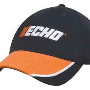 A black cap with orange piped peak inserts and a logo on the front.