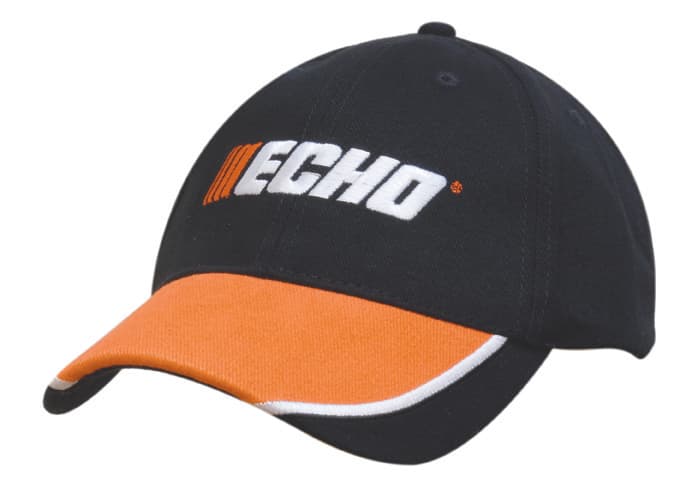 A black cap with orange piped peak inserts and a logo on the front.