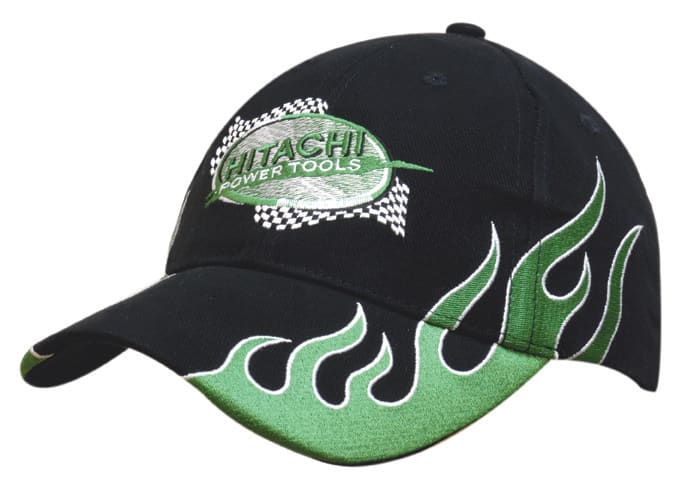 A black cotton cap with green side flames and branding, featuring intricate embroidered details.