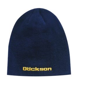 A navy acrylic beanie with a roll-down design featuring a logo in yellow.