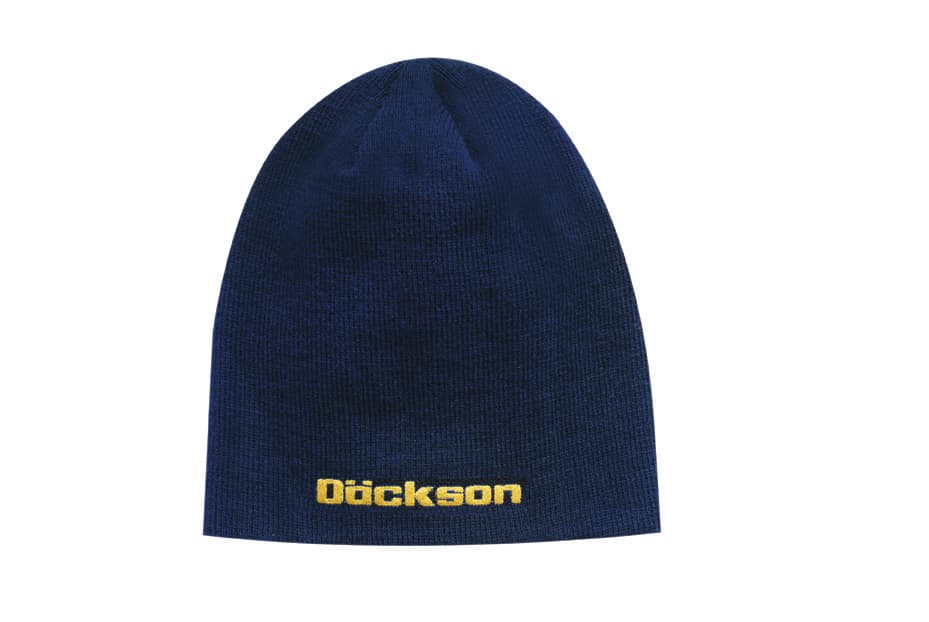 A navy acrylic beanie with a roll-down design featuring a logo in yellow.
