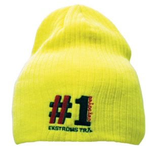 A bright yellow beanie with a knitted texture and a logo featuring the number one and other letters.