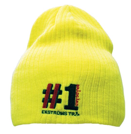 A bright yellow beanie with a knitted texture and a logo featuring the number one and other letters.