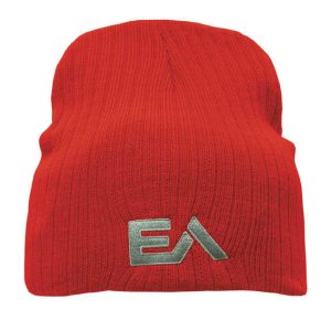 A deep red cable knit beanie featuring a logo on the front. Suitable for a wide fit.
