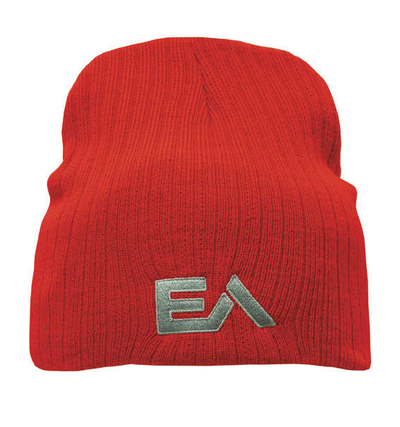 A deep red cable knit beanie featuring a logo on the front. Suitable for a wide fit.