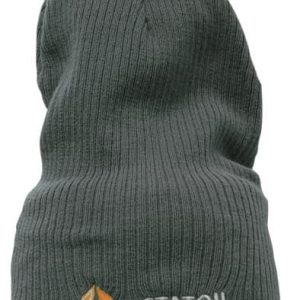A grey cable knit beanie with a logo and text on the front.