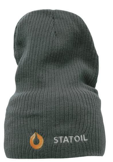 A grey cable knit beanie with a logo and text on the front.