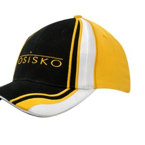 A black, yellow, and white cap featuring a logo and decorative stitching on the peak.