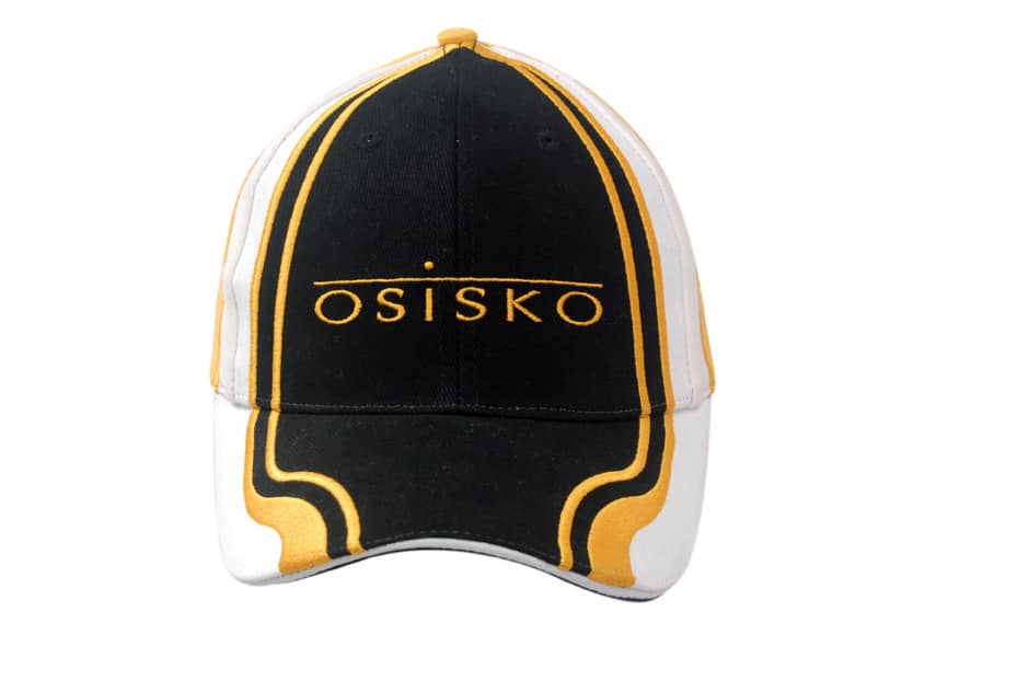 A black and white cap with gold accents and a logo on the front, featuring a structured crown and peak.