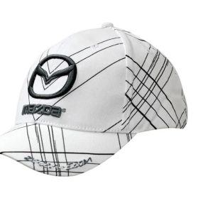 A white cap with all-over printed black lines, featuring a branded logo on the front.