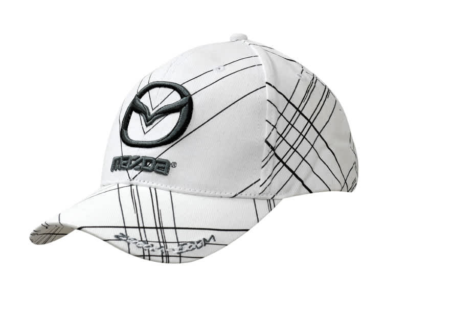 A white cap with all-over printed black lines, featuring a branded logo on the front.