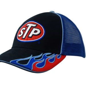 A black cap with a mesh back, featuring flame embroidery on the peak and a logo on the front.
