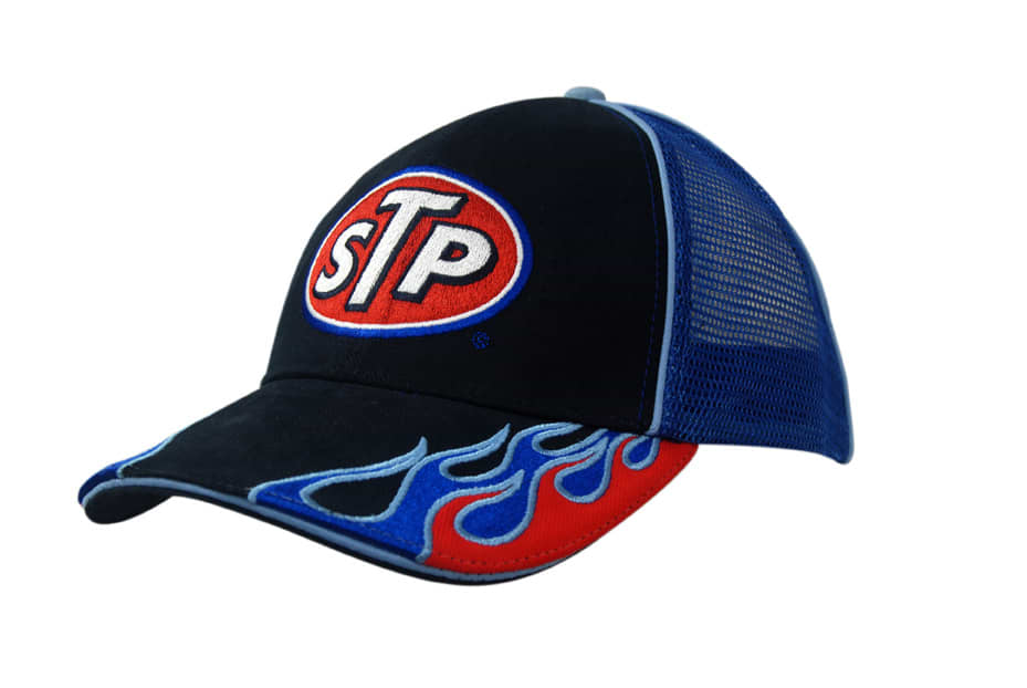 A black cap with a mesh back, featuring flame embroidery on the peak and a logo on the front.