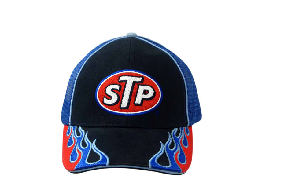 A black and blue cap with mesh back, featuring flame embroidery and a logo on the front.
