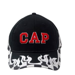 A black cap featuring printed checks and flame embroidery on the crown and peak, with a logo on the front.