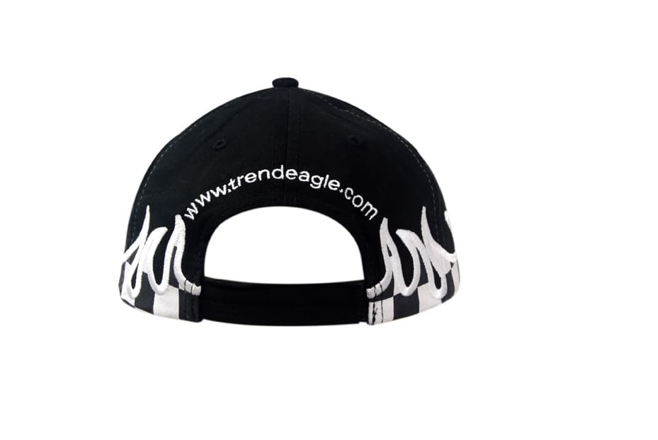 A black cap featuring flame embroidery on the peak and a logo on the back.