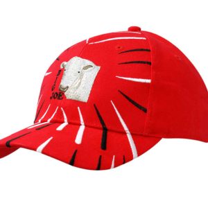 A red cotton cap featuring embroidered lines on the crown and peak, with a logo on the front.