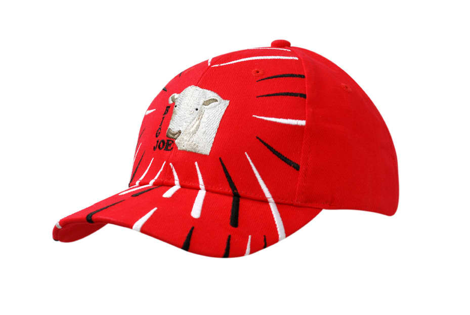A red cotton cap featuring embroidered lines on the crown and peak, with a logo on the front.