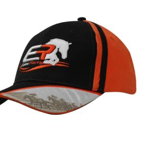 A black and orange cap featuring embroidery and a logo, with a detailed design on the peak.