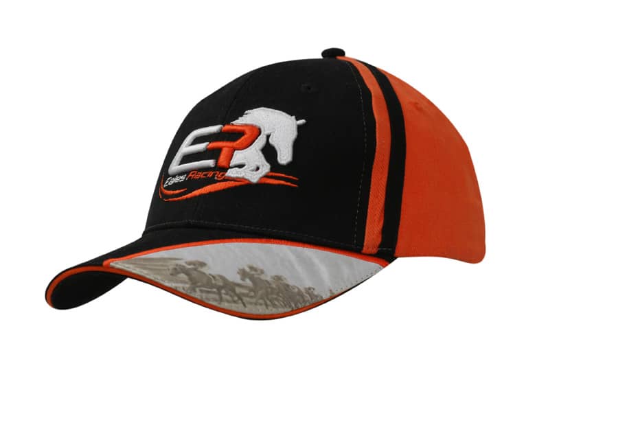 A black and orange cap featuring embroidery and a logo, with a detailed design on the peak.