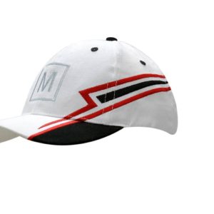 A white cap with a black peak and red embroidered accents, featuring a logo.