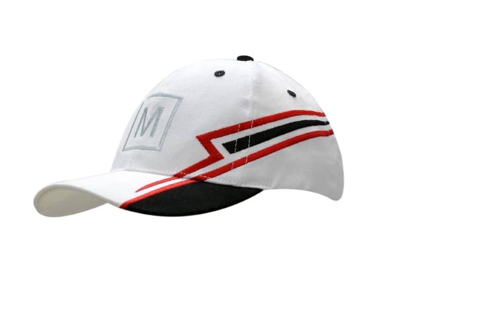 A white cap with a black peak and red embroidered accents, featuring a logo.