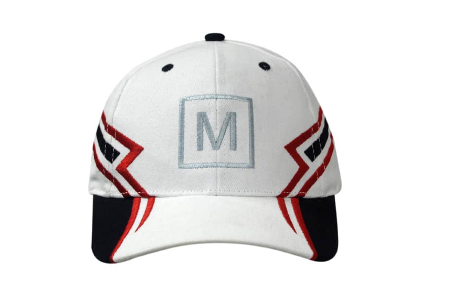A white cap with red and black accents, featuring crown and peak embroidery and a logo on the front.