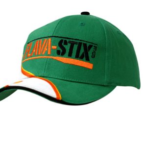 A green cap with sandwich trim and fabric inserts, featuring embroidery on the crown and peak, and a logo.