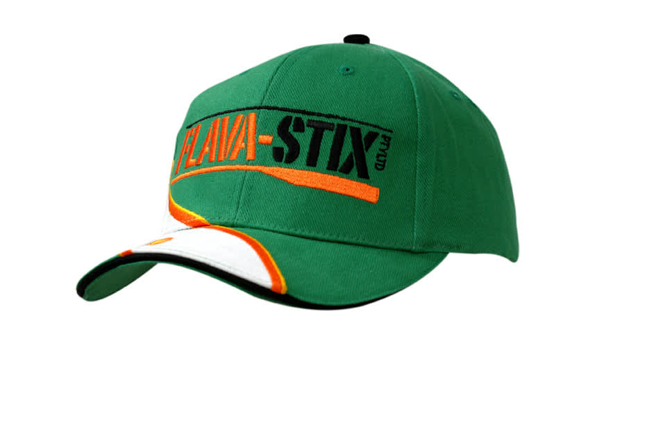 A green cap with sandwich trim and fabric inserts, featuring embroidery on the crown and peak, and a logo.