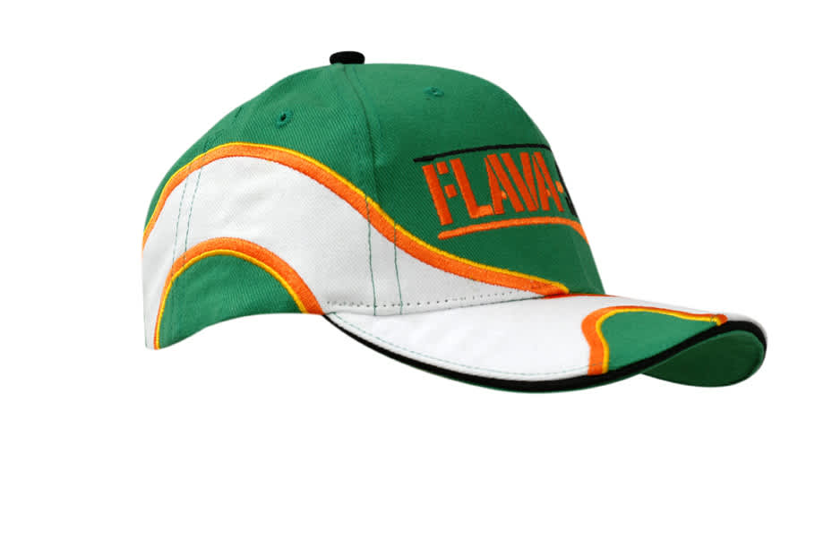 A green and white cap with sandwich trim, featuring fabric inserts and embroidery on the crown and peak.