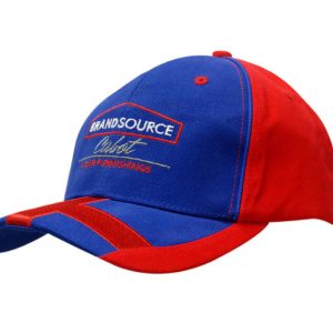 Brushed heavy cotton cap featuring a blue and red design with crown piping and peak cross embroidery. Includes a logo.