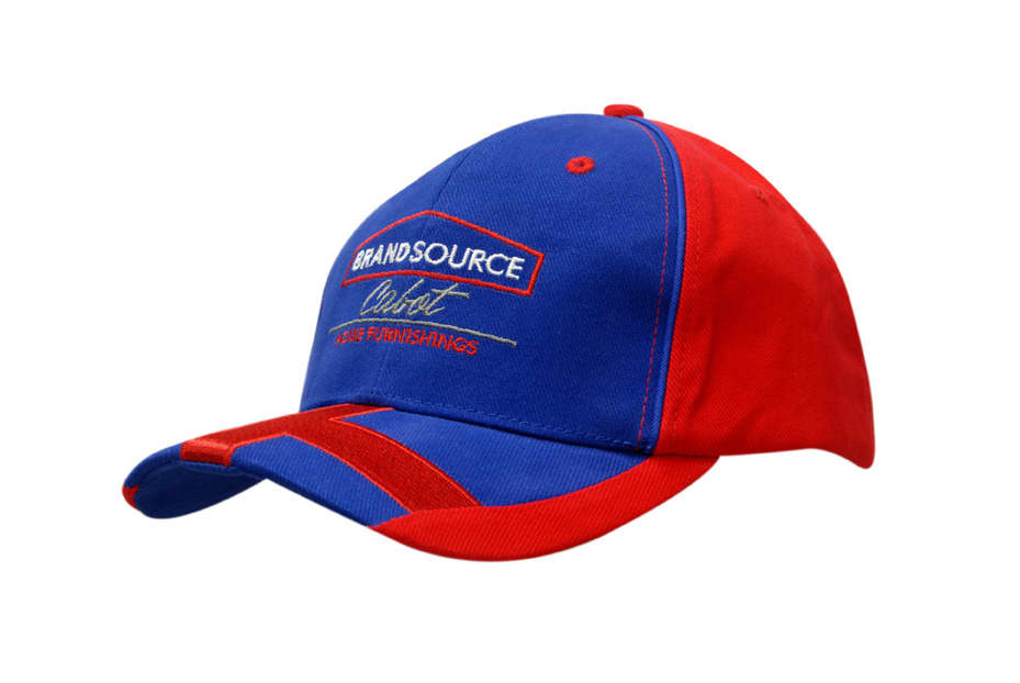 Brushed heavy cotton cap featuring a blue and red design with crown piping and peak cross embroidery. Includes a logo.