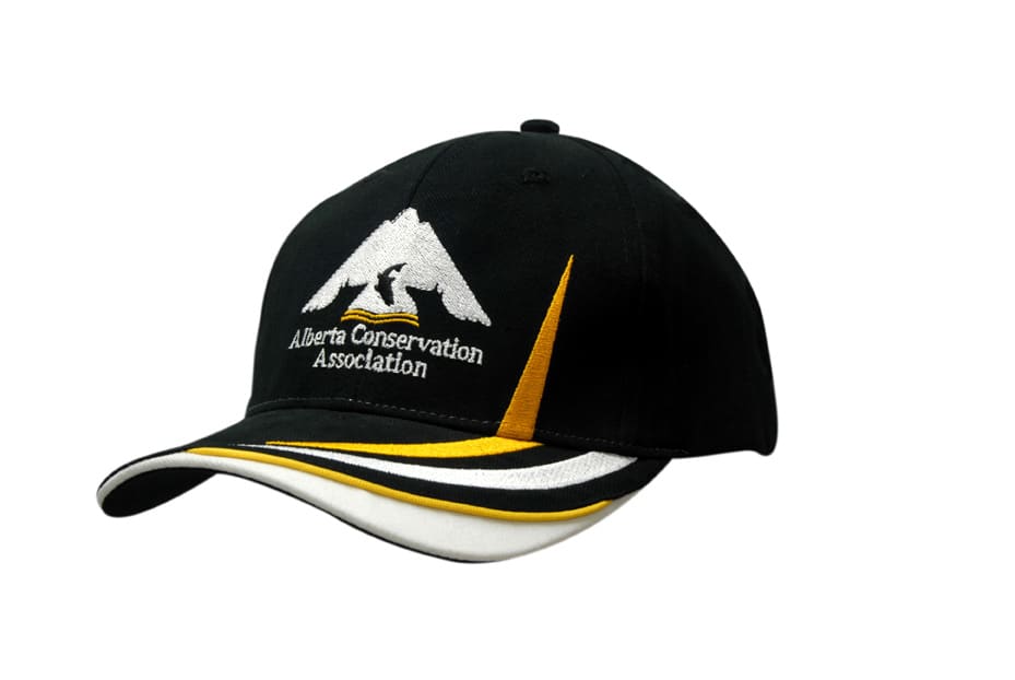 A black cap with an indented peak and crown, featuring yellow and white embroidery details and a logo.