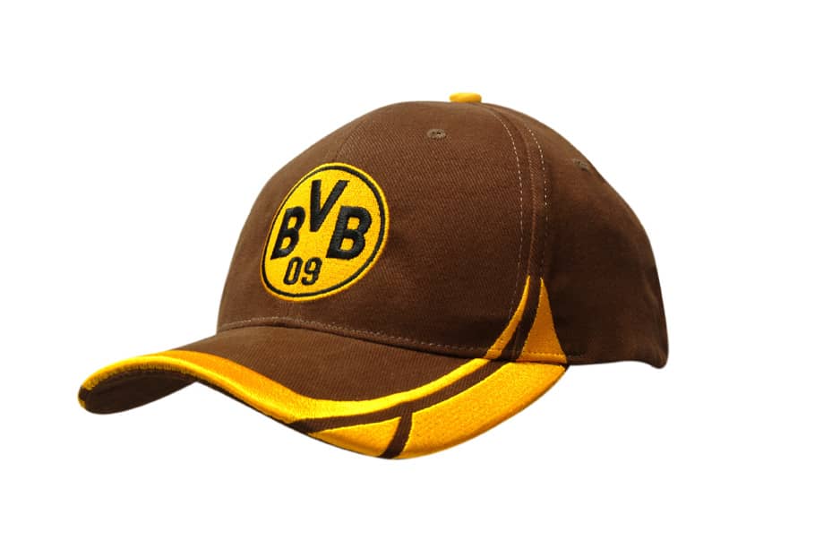 A brown cap with a yellow embroidered design and a peak, featuring a logo on the front.