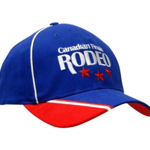 A blue cap with red accents, featuring embroidery and a logo on the front.