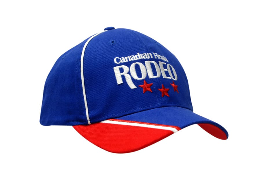 A blue cap with red accents, featuring embroidery and a logo on the front.