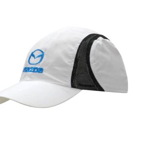 A white sports cap with a mesh side panel and a logo. Features a curved brim and lightweight microfiber material.