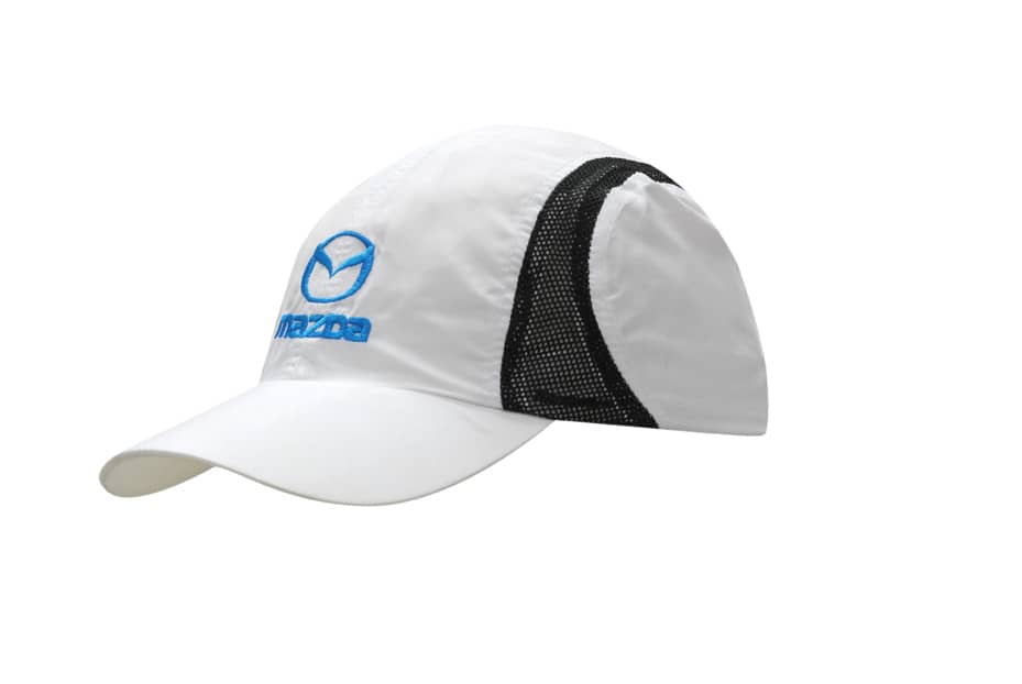 A white sports cap with a mesh side panel and a logo. Features a curved brim and lightweight microfiber material.