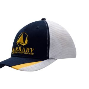 A navy and white cap with mesh inserts, featuring a logo on the front and a yellow accent on the peak.